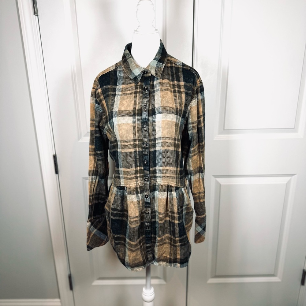 Free People Plaid Tunic Top Button Front Pockets Cotton Boho Fall Small